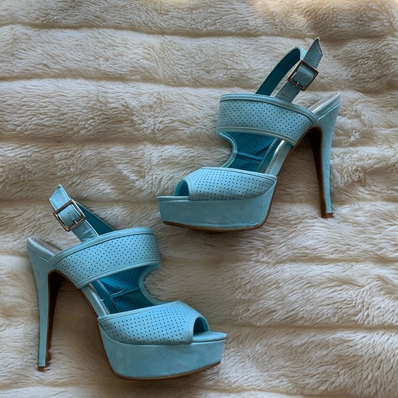 Y2K Turquoise suede platform stiletto pumps strappy high heels 10 - Picture 3 of 12